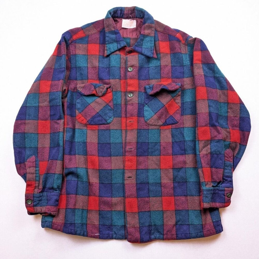 Vintage 60s Pendleton Board Shirt Geometric Plaid Button Up Wool Shirt Size XL
